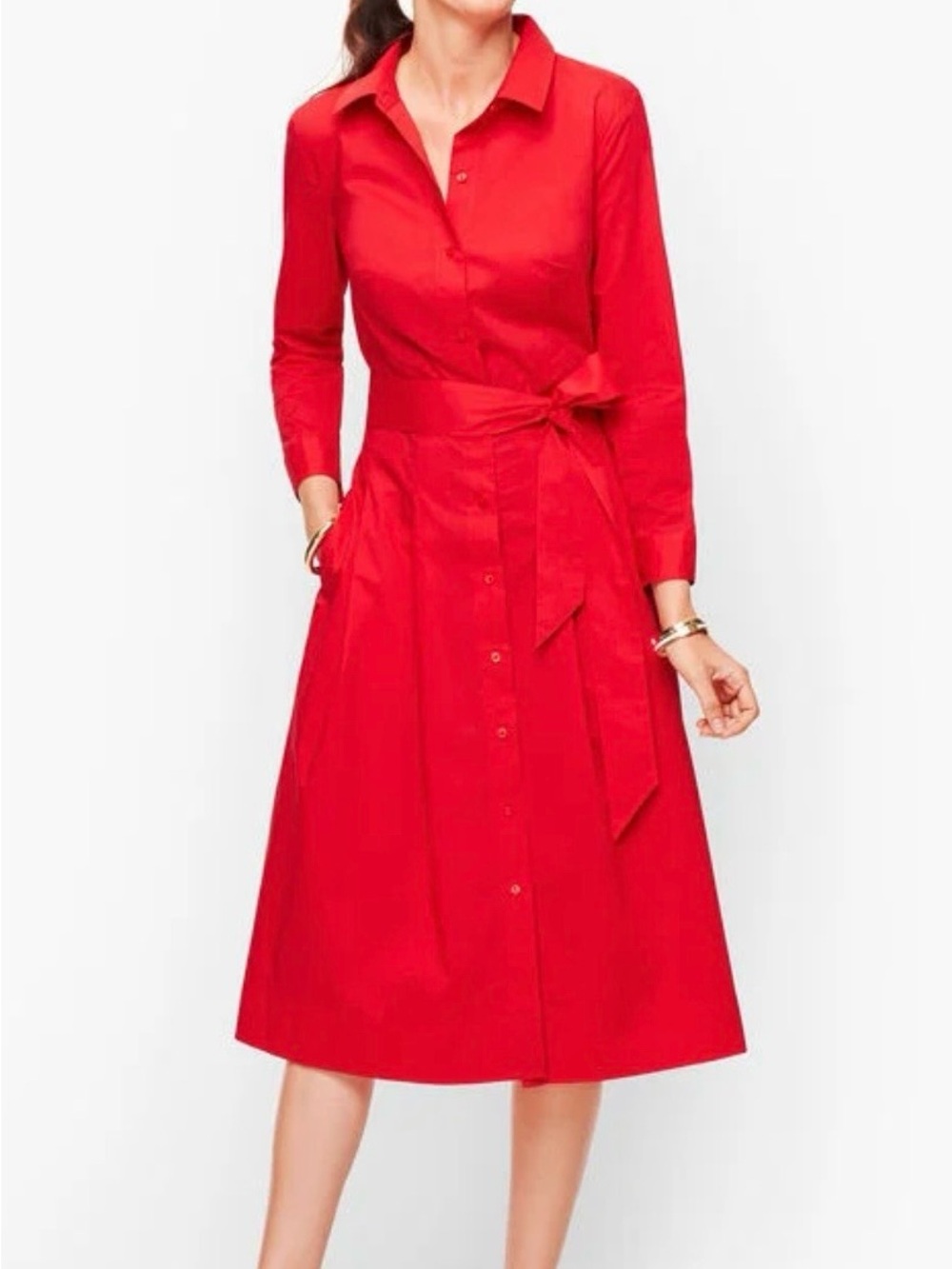 Talbots Red Long-Sleeve Shirt Dress with Waist Tie